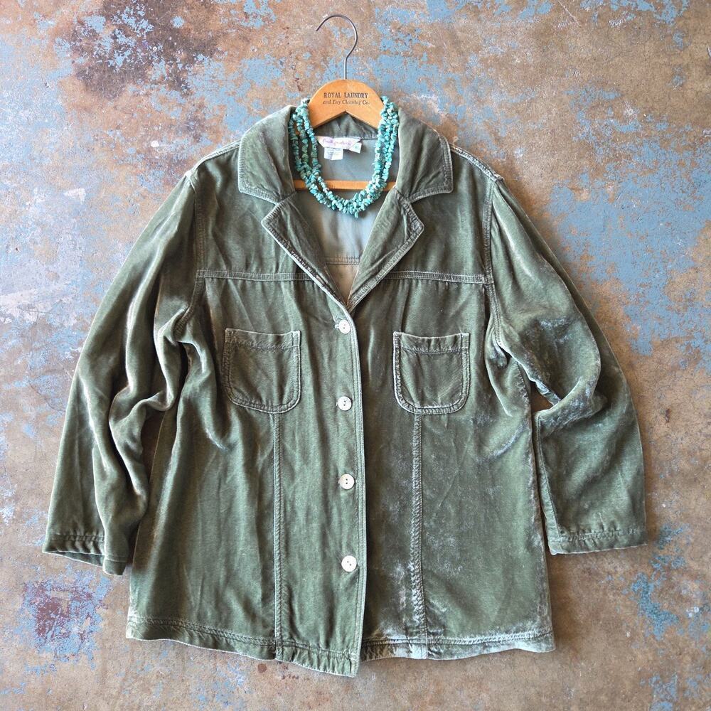 Fresh Produce Green Crushed Velvet Shacket Jacket Size M USA Made Art to Wear